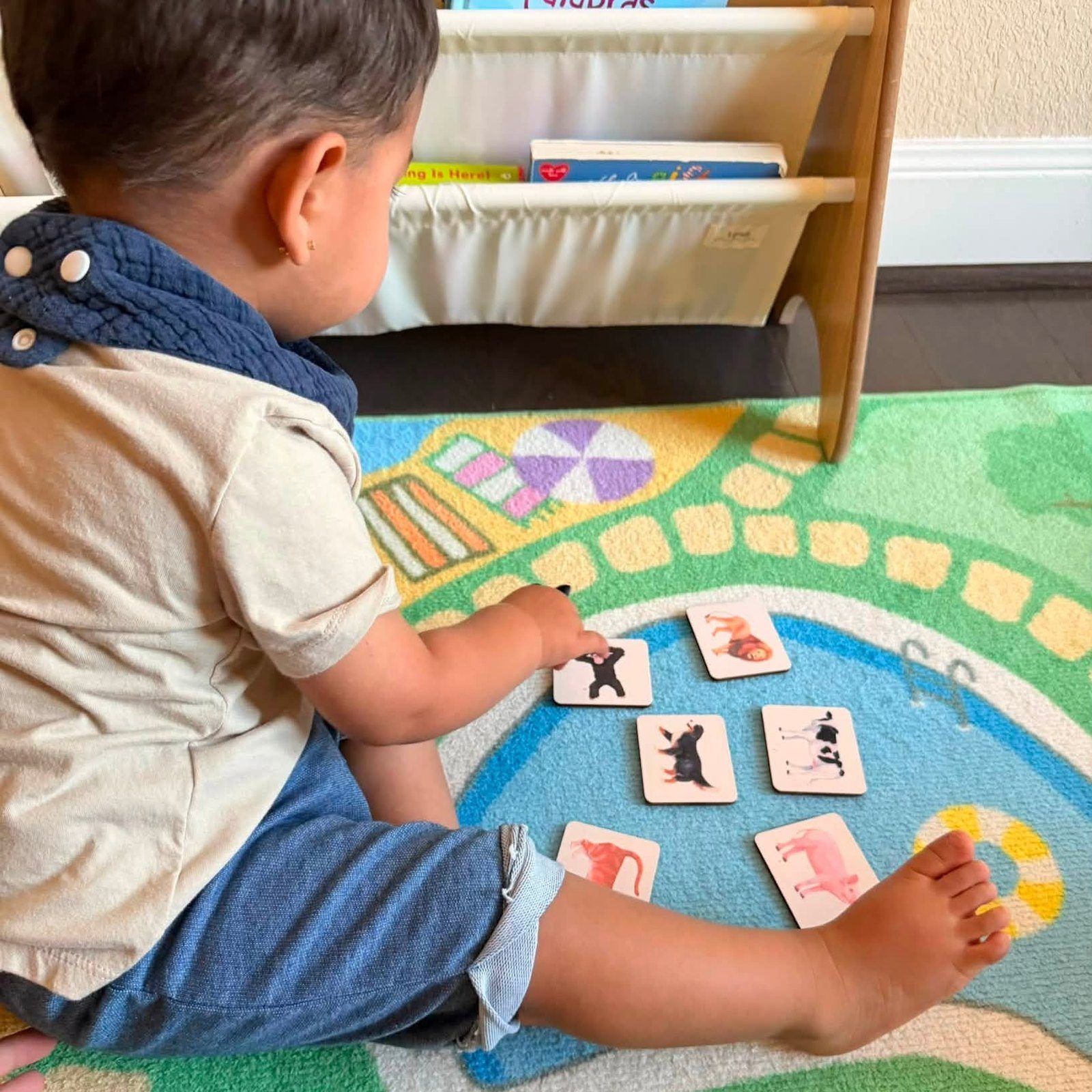 Toddler matching animal cards on the play rug